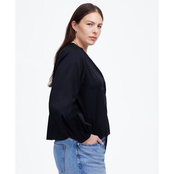Madewell V-Neck Long-Sleeve Top SZ S Deep Indigo Pleated Sleeve Stretch Pullover - Picture 3 of 9
